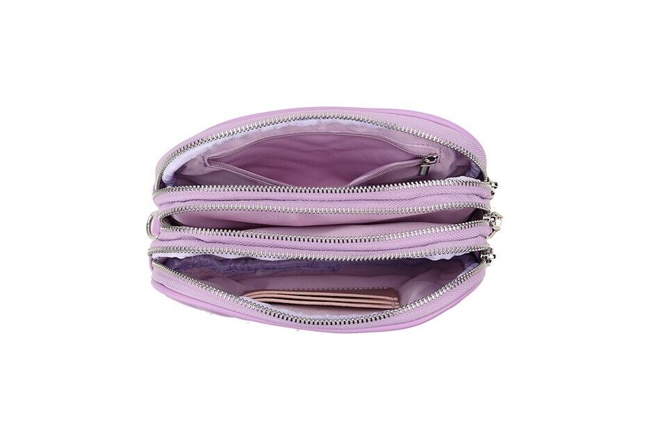 Long & Son Ladies Triple Zip Handbag Crossbody Adjustable Fabric Strap Purple