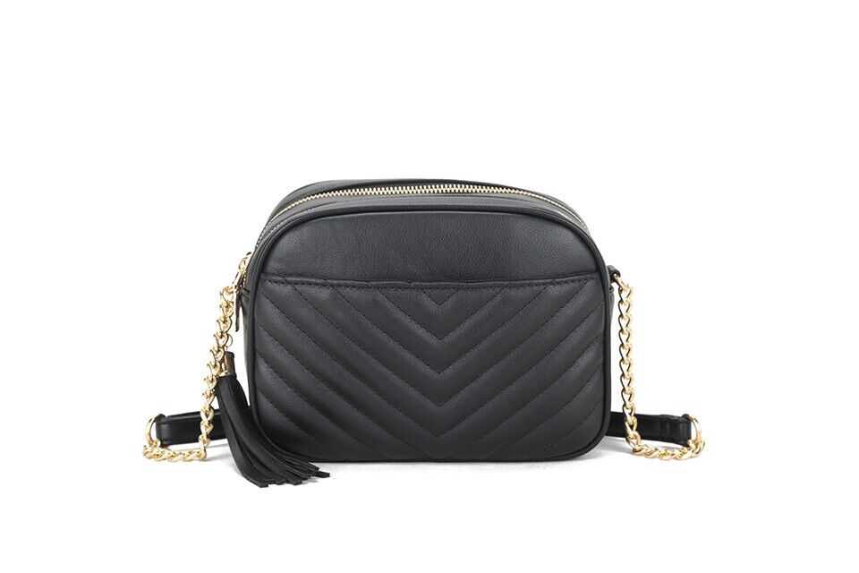 Long & Son Ladies Small Handbag Crossbody Adjustable Chain/Strap Tassel Black