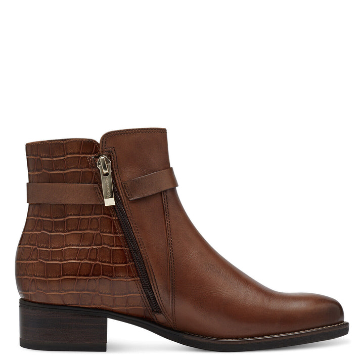 Tamaris  25047 Ladies Leather Reptile Print Ankle Zip Up Block Heel Boots Cognac