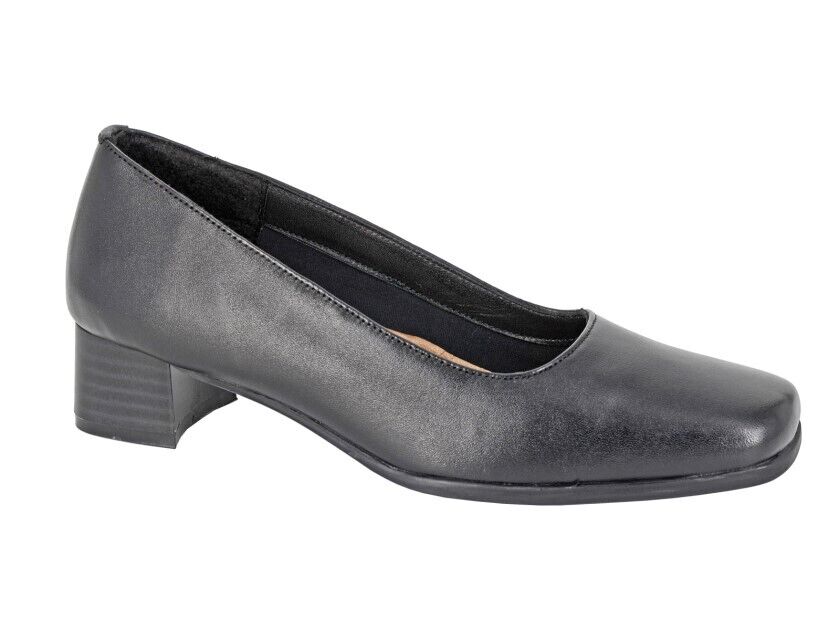 Mod Comfys Tara Ladies L989 Leather Low Block Heel Court Shoes 2 TO 10 Black
