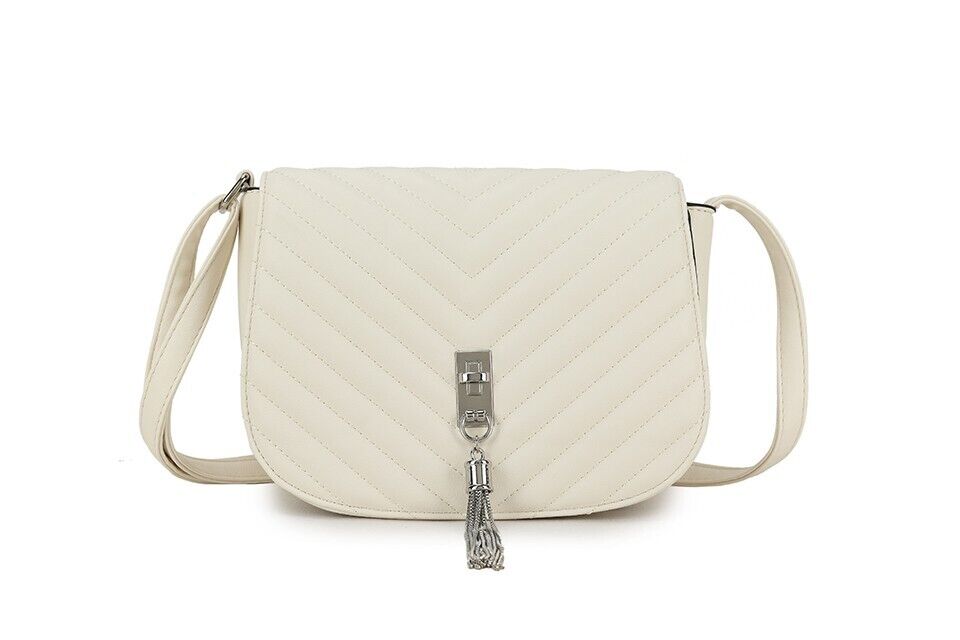 Long & Son Ladies Handbag Crossbody With Flap Adjustable Strap Tassel Cream