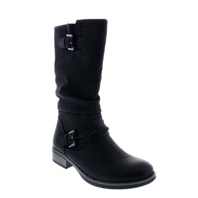 Rieker 98860 Ladies Faux Leather Warm Lined Biker Style Boots With Inside Zip Fasten Black