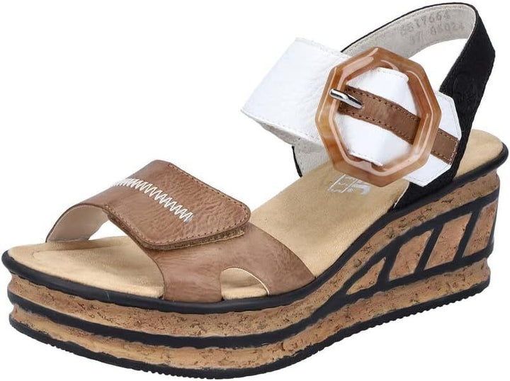 Rieker 68176 Ladies Beige/White/Black Touch Fasten Mid Wedge Slingback Sandals