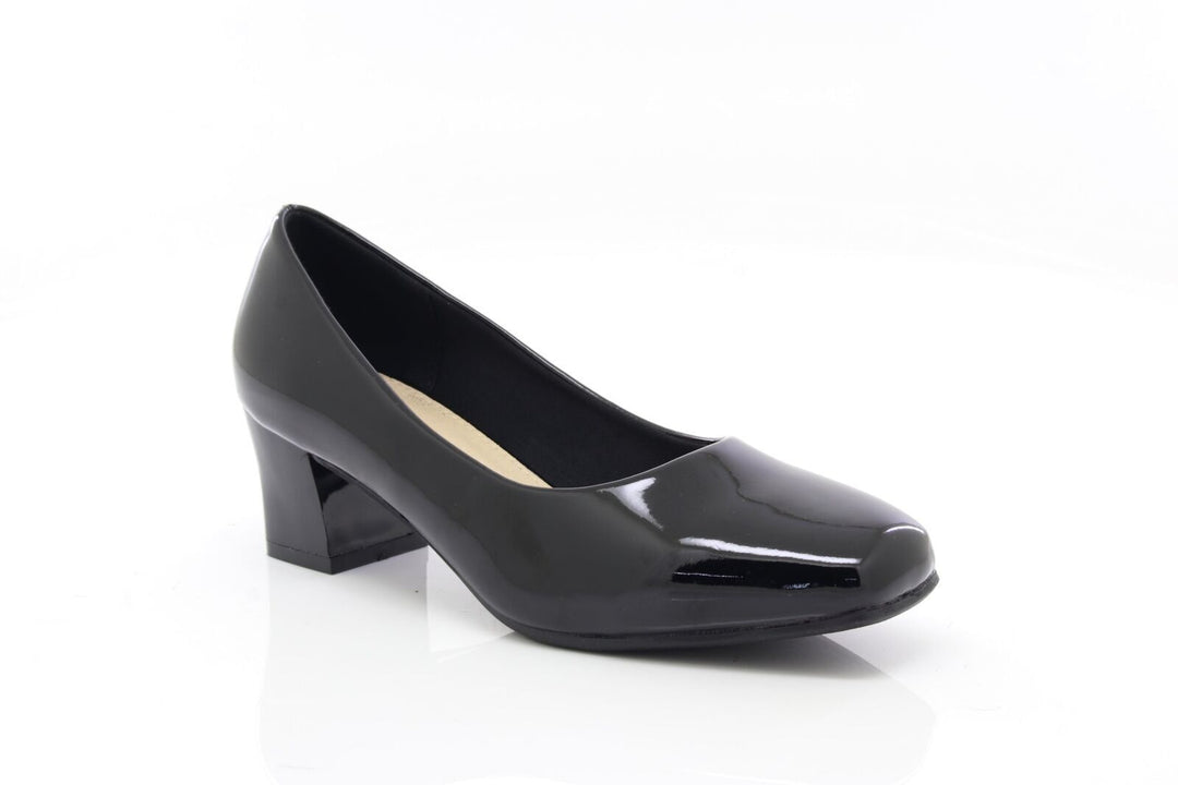 Comfort Plus Karly Ladies Wide Fit Slip On Block Heel Court Shoes Black Patent