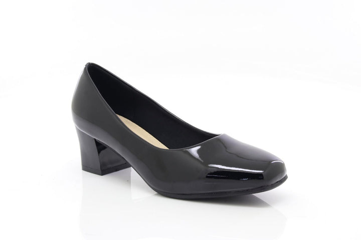 Comfort Plus Karly Ladies Wide Fit Slip On Block Heel Court Shoes Black Patent