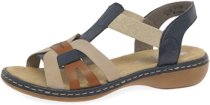Rieker 65918 Ladies Low Wedge Elasticated Slingback Sandals Navy/Tan/Beige