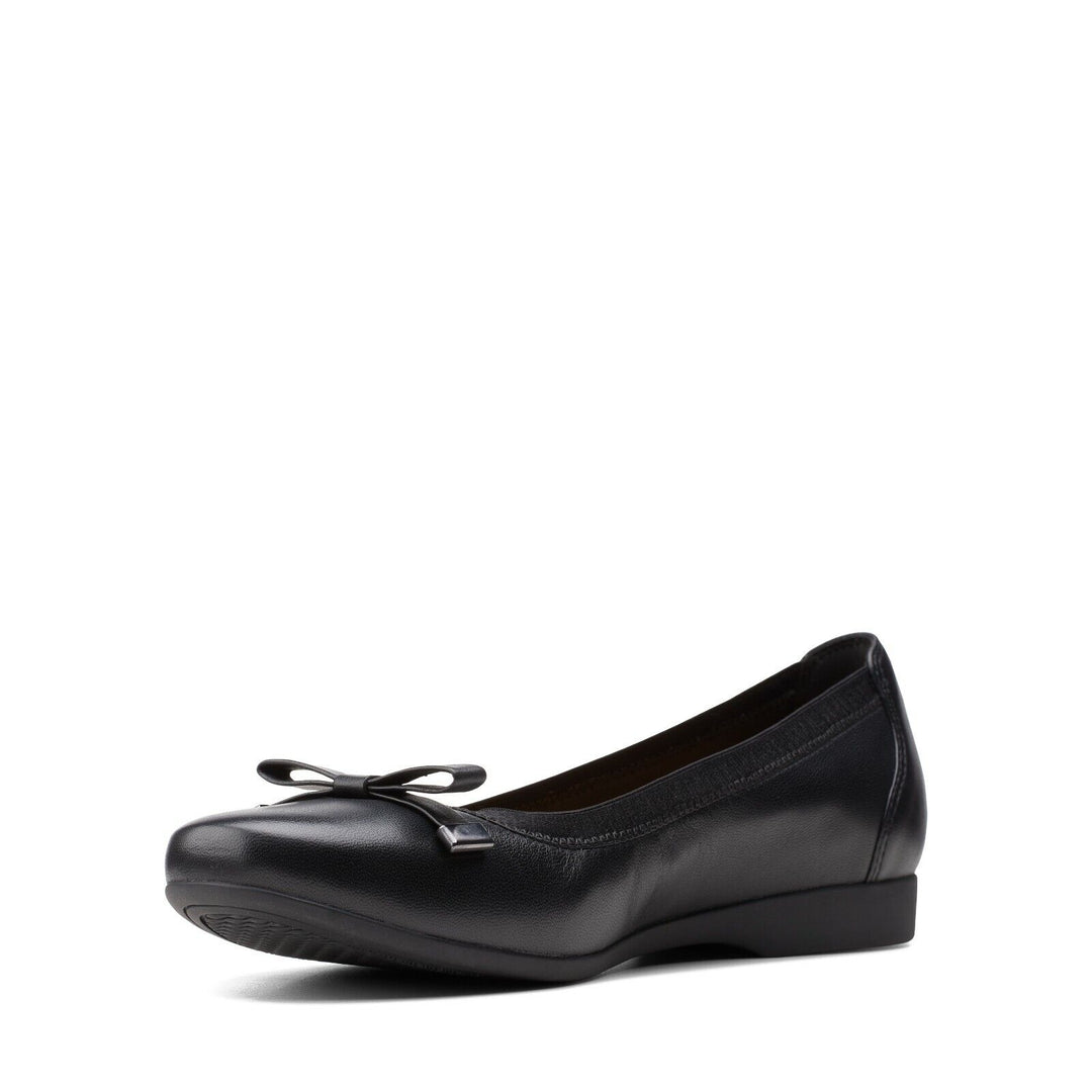 Clarks Unstructured Un Darcey Bow D Fit Ladies Leather Slip On Ballerina Pumps Shoes Black