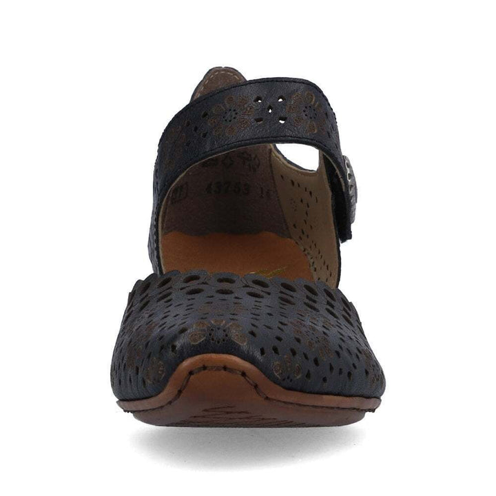 Rieker 43753 Ladies Punched Leather Mary Jane Strap Block Heel Sandals Navy