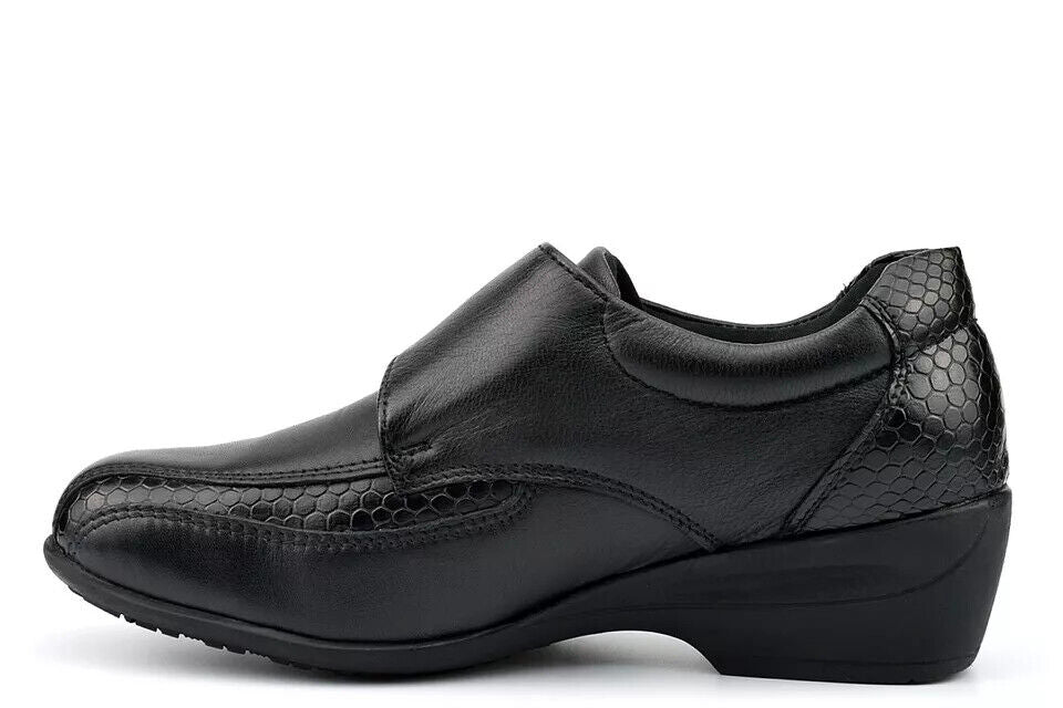 Dr Keller Eva Ladies Black Leather Strap Low Wedge Heel Office Shoes