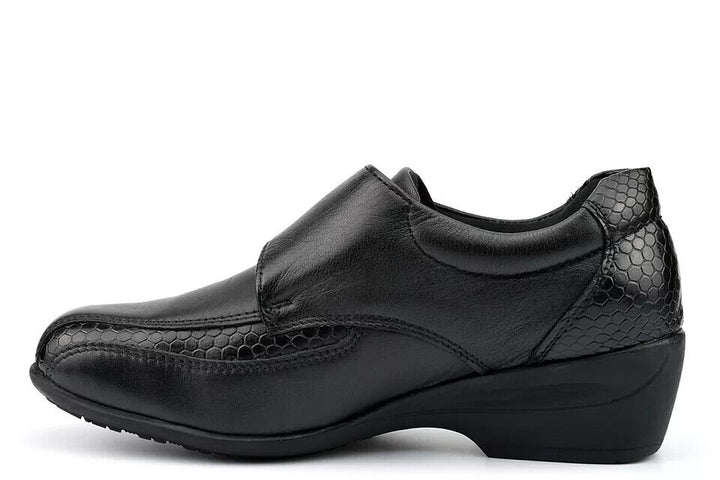 Dr Keller Eva Ladies Black Leather Strap Low Wedge Heel Office Shoes