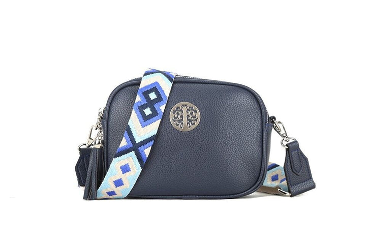 Long & Son Ladies Double Zip Handbag Crossbody Adjustable Fabric Strap Navy