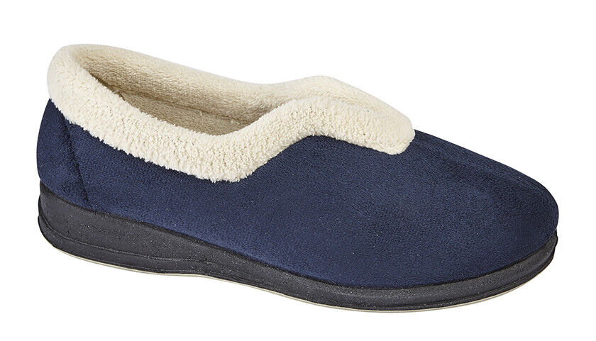 Sleepers Olivia Ladies Wide E fIT Navy Memory Foam V Throat Warm Fleece Lined Slippers