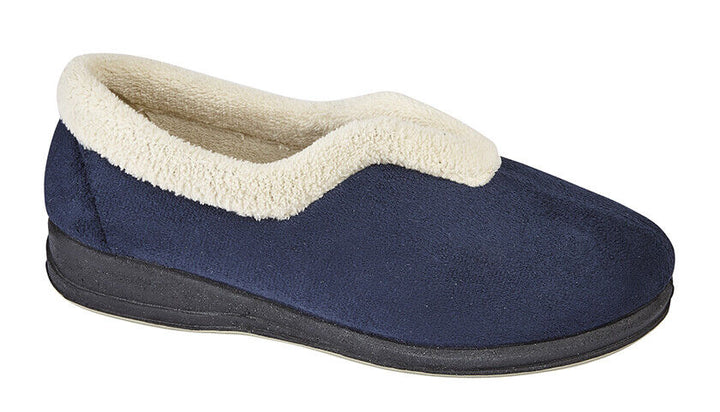 Sleepers Olivia Ladies Wide E fIT Navy Memory Foam V Throat Warm Fleece Lined Slippers