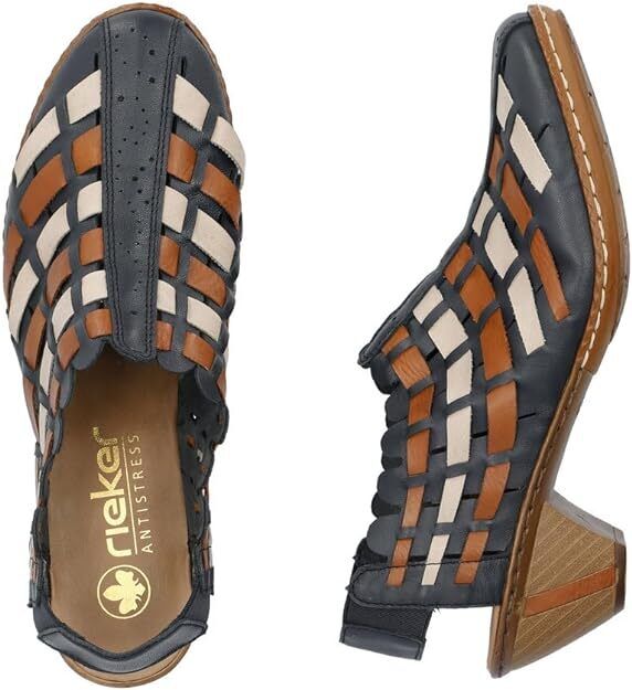 Rieker 46778 Ladies Interwoven Leather Slingback Block Heel Sandals Blue Tan Combination
