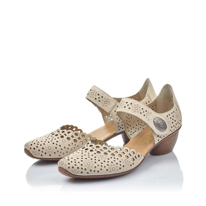 Rieker 43753 Ladies Punched Leather Mary Jane Block Heel Sandals Beige