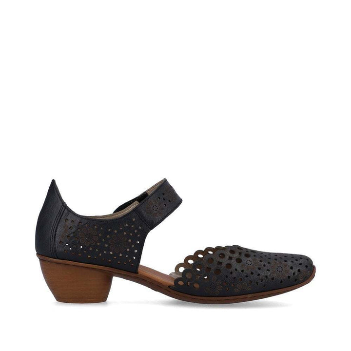 Rieker 43753 Ladies Punched Leather Mary Jane Strap Block Heel Sandals Navy