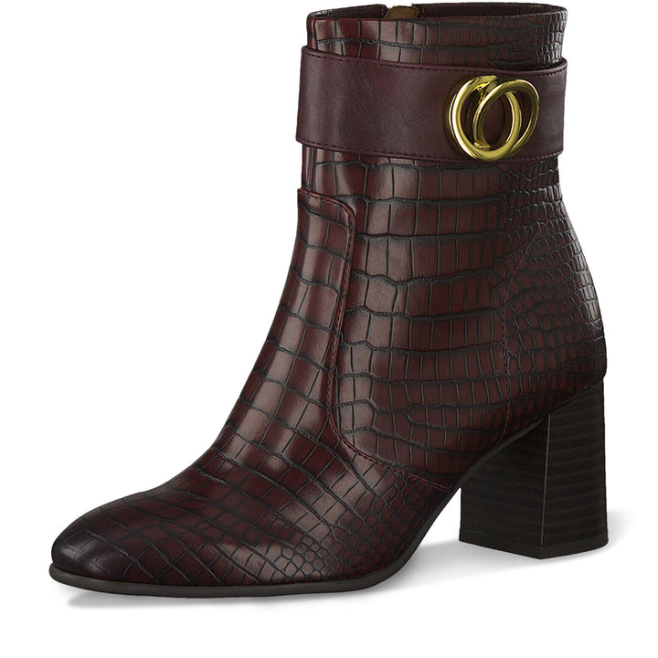 Tamaris 25348 Croc Print Mid Block Heel Ankle Winter Boots Gold Trim Burgundy