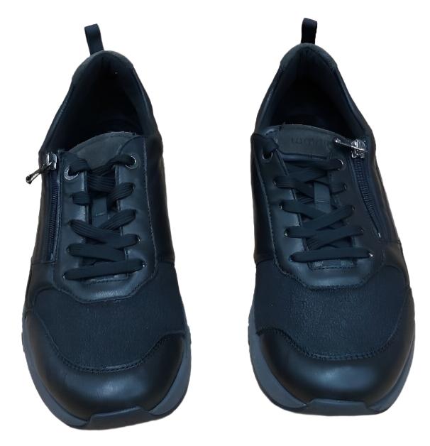 Waldlaufer H-Richard Wide Fit Black Leather With Stretch Lycra, Lace & Zip Fasten Athleisure Trainers