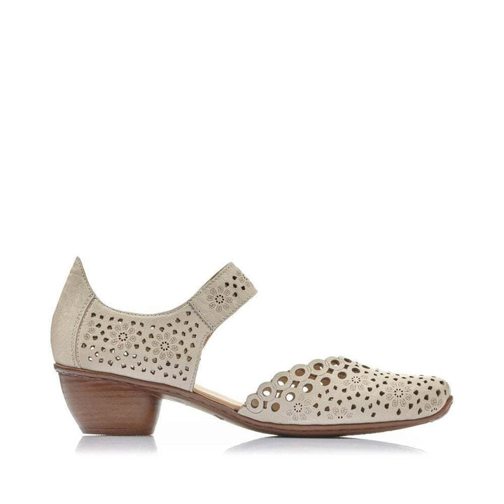 Rieker 43753 Ladies Punched Leather Mary Jane Block Heel Sandals Beige