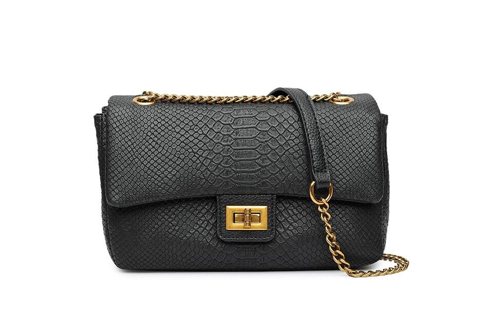 Long & Son Ladies Lizard Print Handbag Crossbody Bag Strap Chain Pockets Black