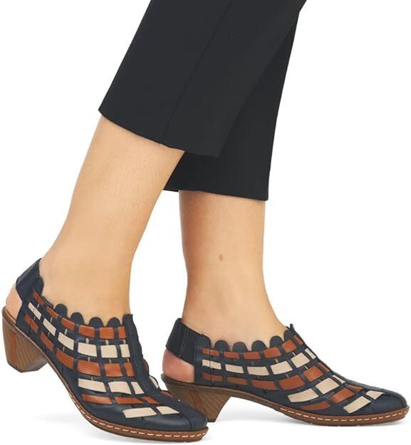 Rieker 46778 Ladies Interwoven Leather Slingback Block Heel Sandals Blue Tan Combination