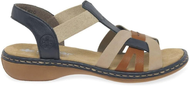 Rieker 65918 Ladies Low Wedge Elasticated Slingback Sandals Navy/Tan/Beige