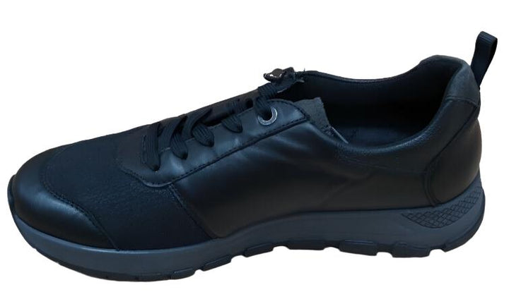Waldlaufer H-Richard Wide Fit Black Leather With Stretch Lycra, Lace & Zip Fasten Athleisure Trainers