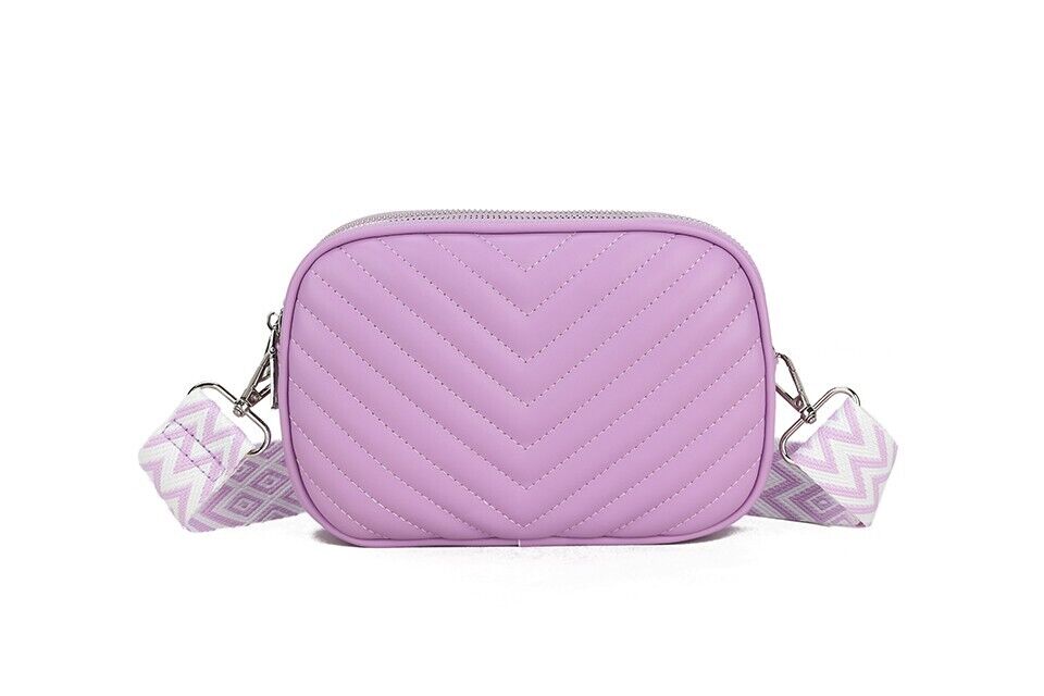 Long & Son Ladies Triple Zip Handbag Crossbody Adjustable Fabric Strap Purple