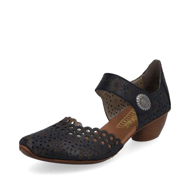 Rieker 43753 Ladies Punched Leather Mary Jane Strap Block Heel Sandals Navy