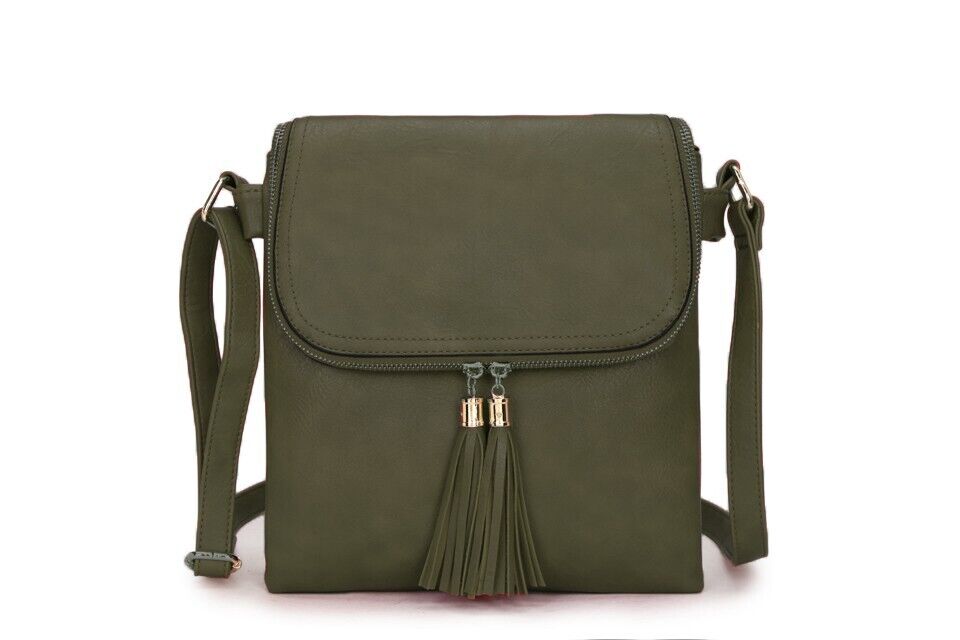 Long & Son London Ladies Crossbody Handbag With Flap & Adjustable Strap Green