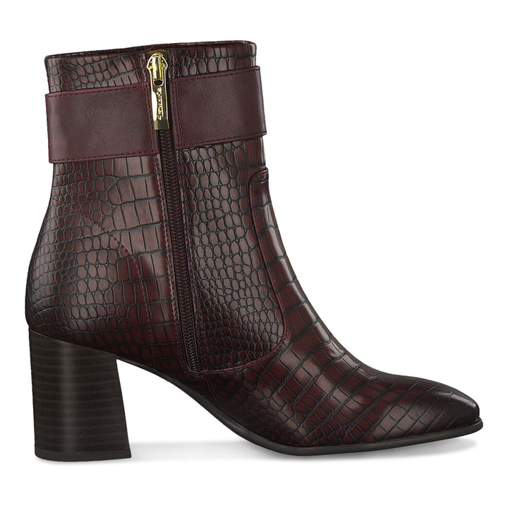 Tamaris 25348 Croc Print Mid Block Heel Ankle Winter Boots Gold Trim Burgundy