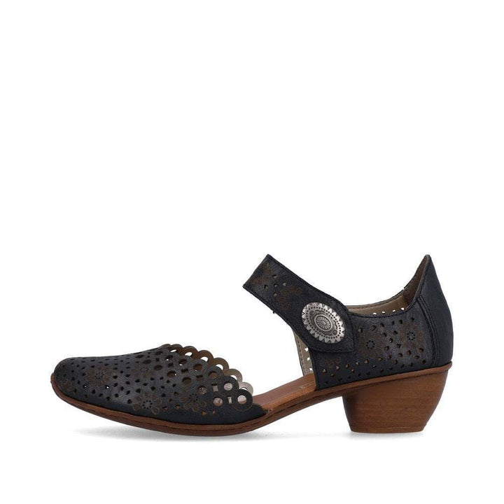 Rieker 43753 Ladies Punched Leather Mary Jane Strap Block Heel Sandals Navy