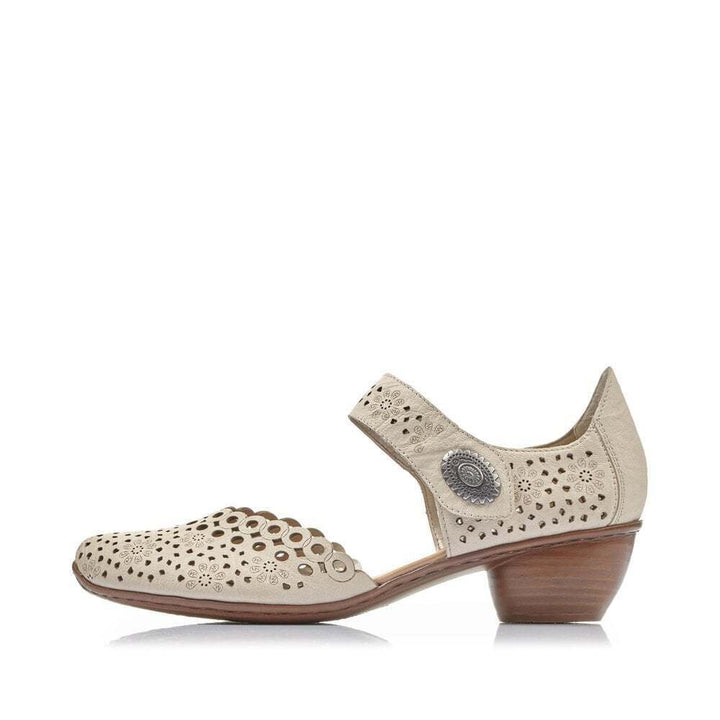 Rieker 43753 Ladies Punched Leather Mary Jane Block Heel Sandals Beige