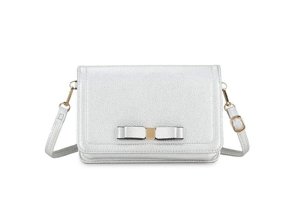 Long & Son Clutch Crossbody Handbag Detachable Shoulder Strap Card Holder Silver