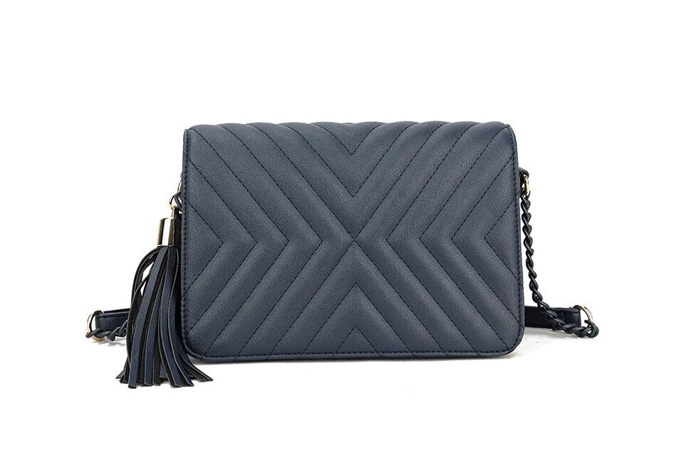 Long & Son Ladies Handbag Crossbody With Flap Adjustable Strap Tassel Navy Blue