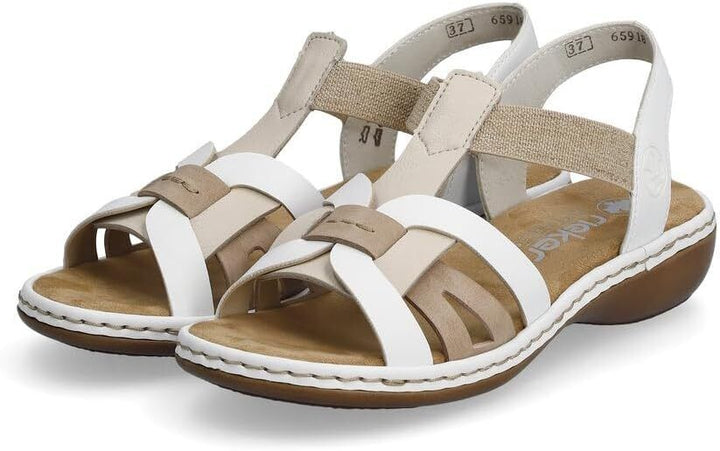 Rieker 65918 Ladies Low Wedge Elasticated Slingback Sandals White/Beige/Cream