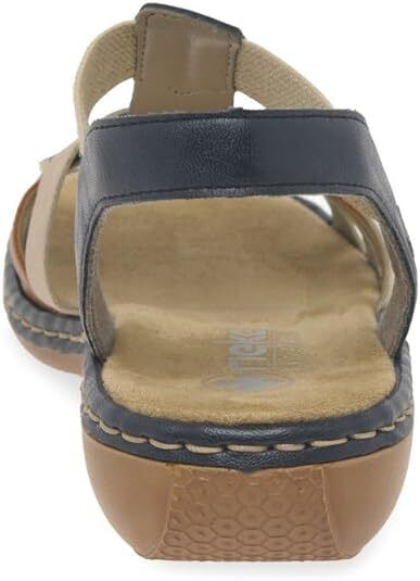 Rieker 65918 Ladies Low Wedge Elasticated Slingback Sandals Navy/Tan/Beige