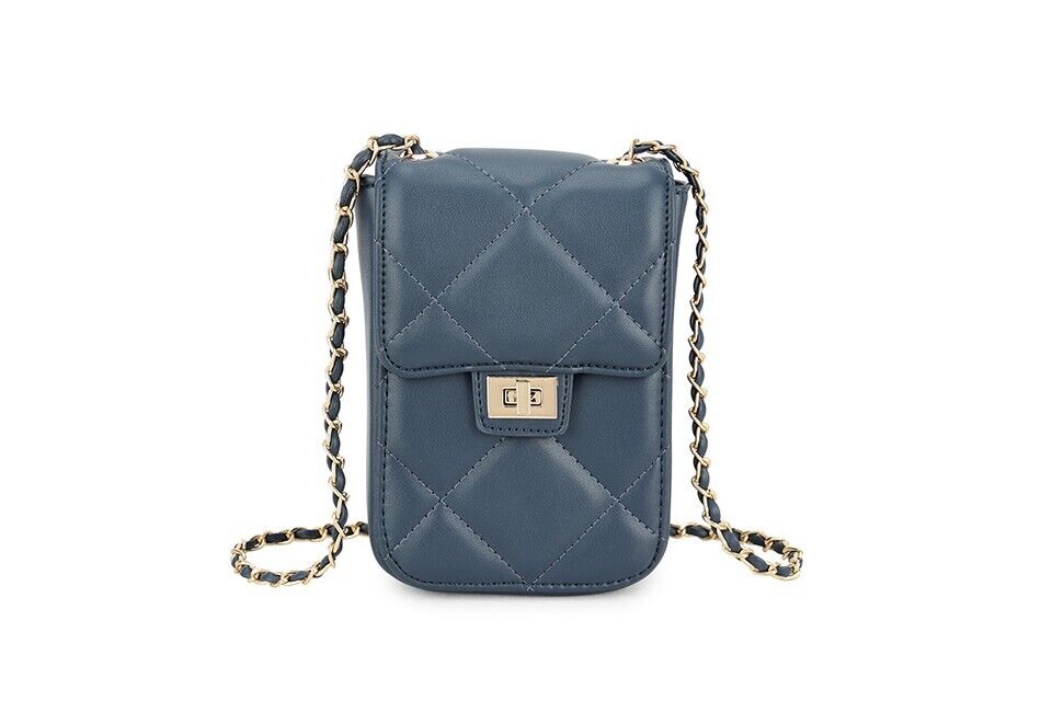 Long & Son Ladies Small Phone Handbag Crossbody Toggle Adjust Chain Navy Blue
