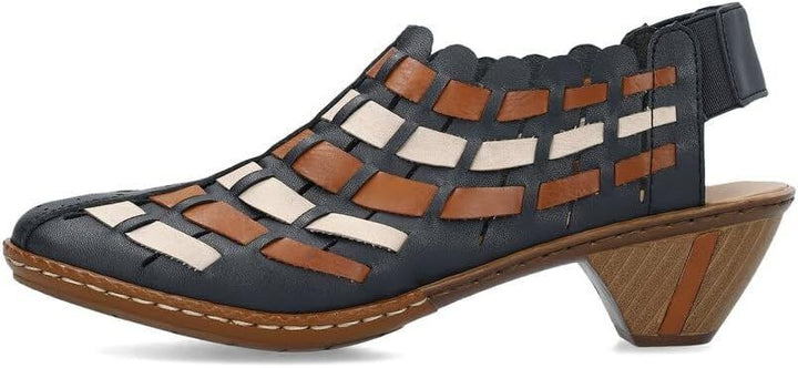 Rieker 46778 Ladies Interwoven Leather Slingback Block Heel Sandals Blue Tan Combination