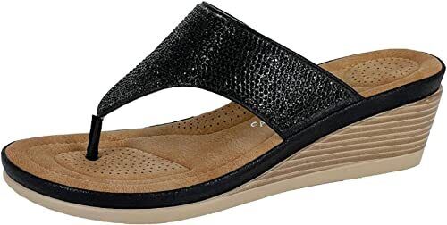 Cipriata L238 Sparkle Glitter Diamante Toe Post Cushioned Wedge Heel Mule Sandals Black
