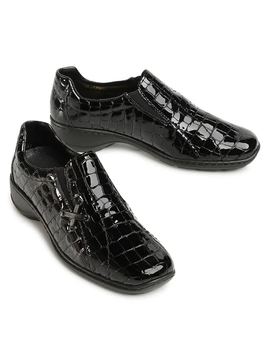 Rieker 58350 Womens Black Patent Crocodile Print Elastic Gusset Slip On Casual Shoe