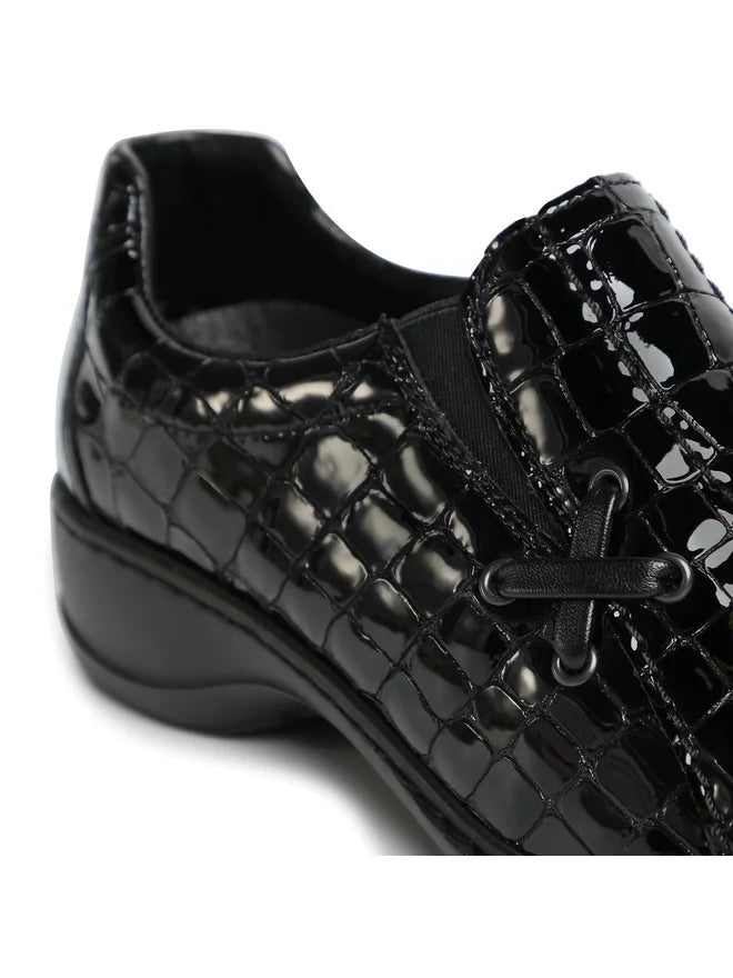 Rieker 58350 Womens Black Patent Crocodile Print Elastic Gusset Slip On Casual Shoe