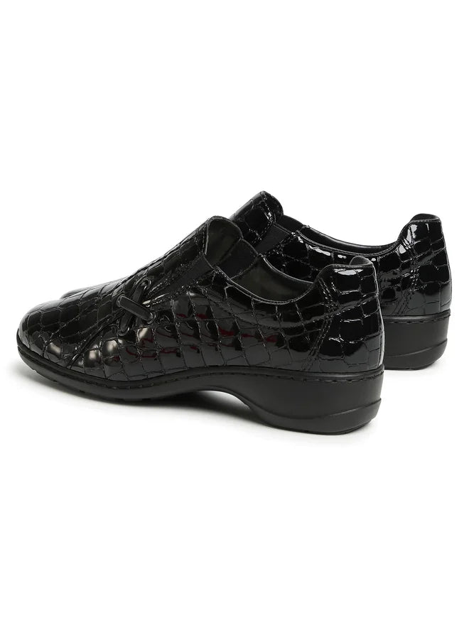 Rieker 58350 Womens Black Patent Crocodile Print Elastic Gusset Slip On Casual Shoe