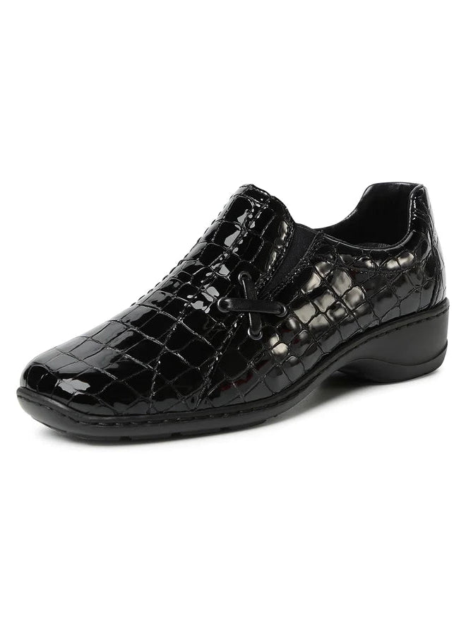 Rieker 58350 Womens Black Patent Crocodile Print Elastic Gusset Slip On Casual Shoe