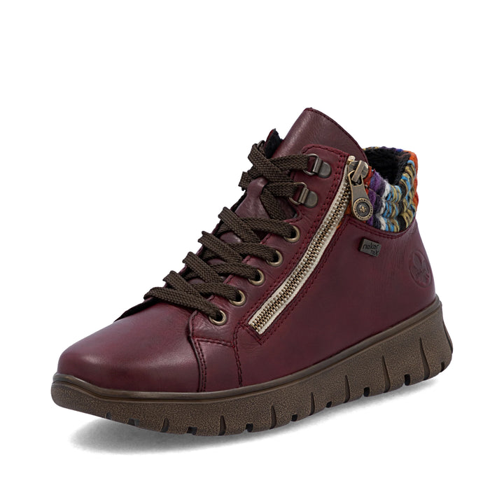 Rieker Tex Antistress N1305 Ladies Water Resistant Red Leather Extra Wide fit Lace Up Zip Fastening Boots