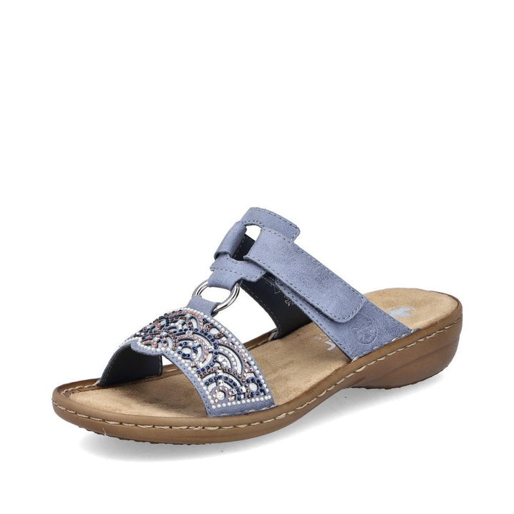 Rieker 608K2 Ladies Beaded Faux Leather Double Touch Fasten Mule Sandals Blue Multi