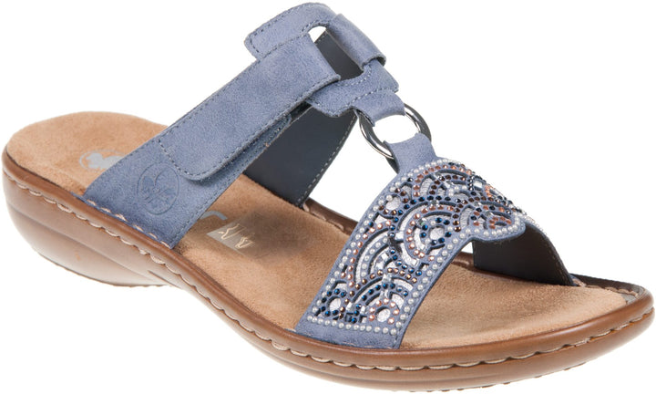 Rieker 608K2 Ladies Beaded Faux Leather Double Touch Fasten Mule Sandals Blue Multi