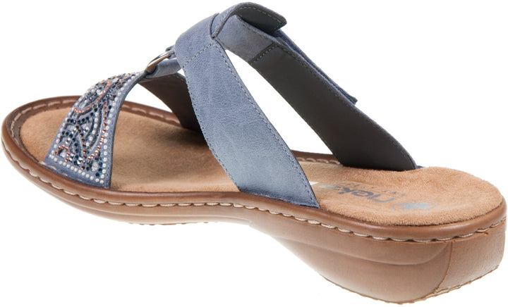 Rieker 608K2 Ladies Beaded Faux Leather Double Touch Fasten Mule Sandals Blue Multi