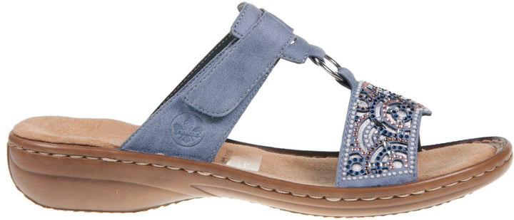 Rieker 608K2 Ladies Beaded Faux Leather Double Touch Fasten Mule Sandals Blue Multi