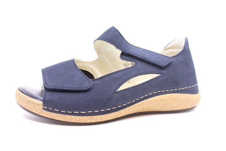Waldlaufer 681K01 Heliett Ladies Wide Fit Navy Nubuck Double Touch Fasten Sandal With Stretch Panel